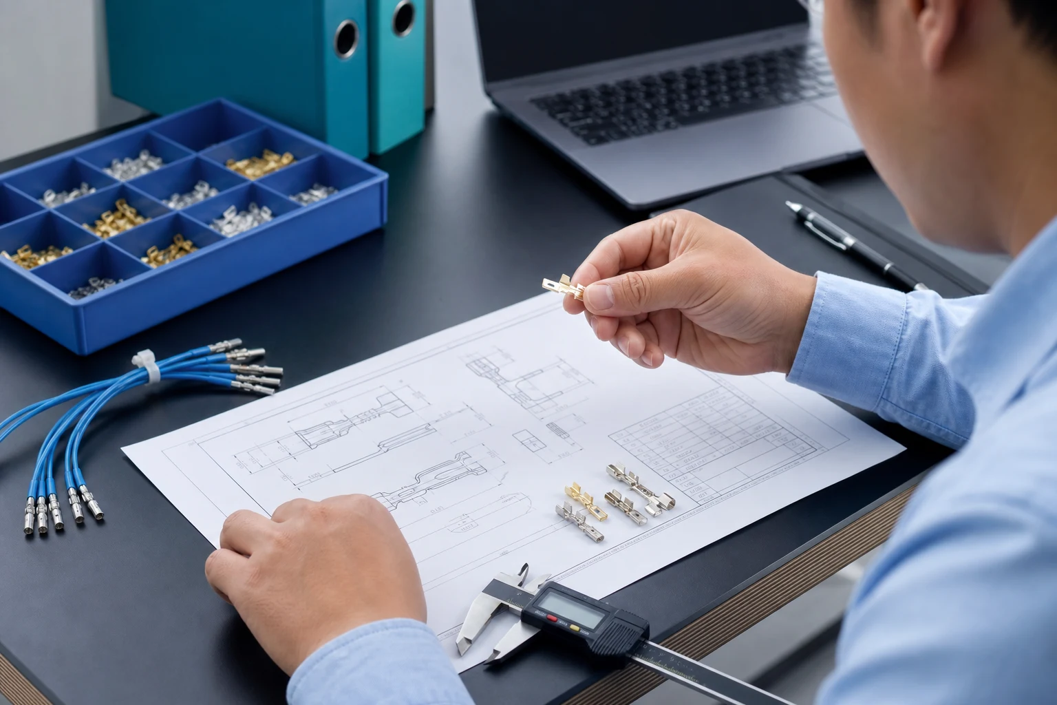 Buyer reviewing inline splice samples and RFQ drawing