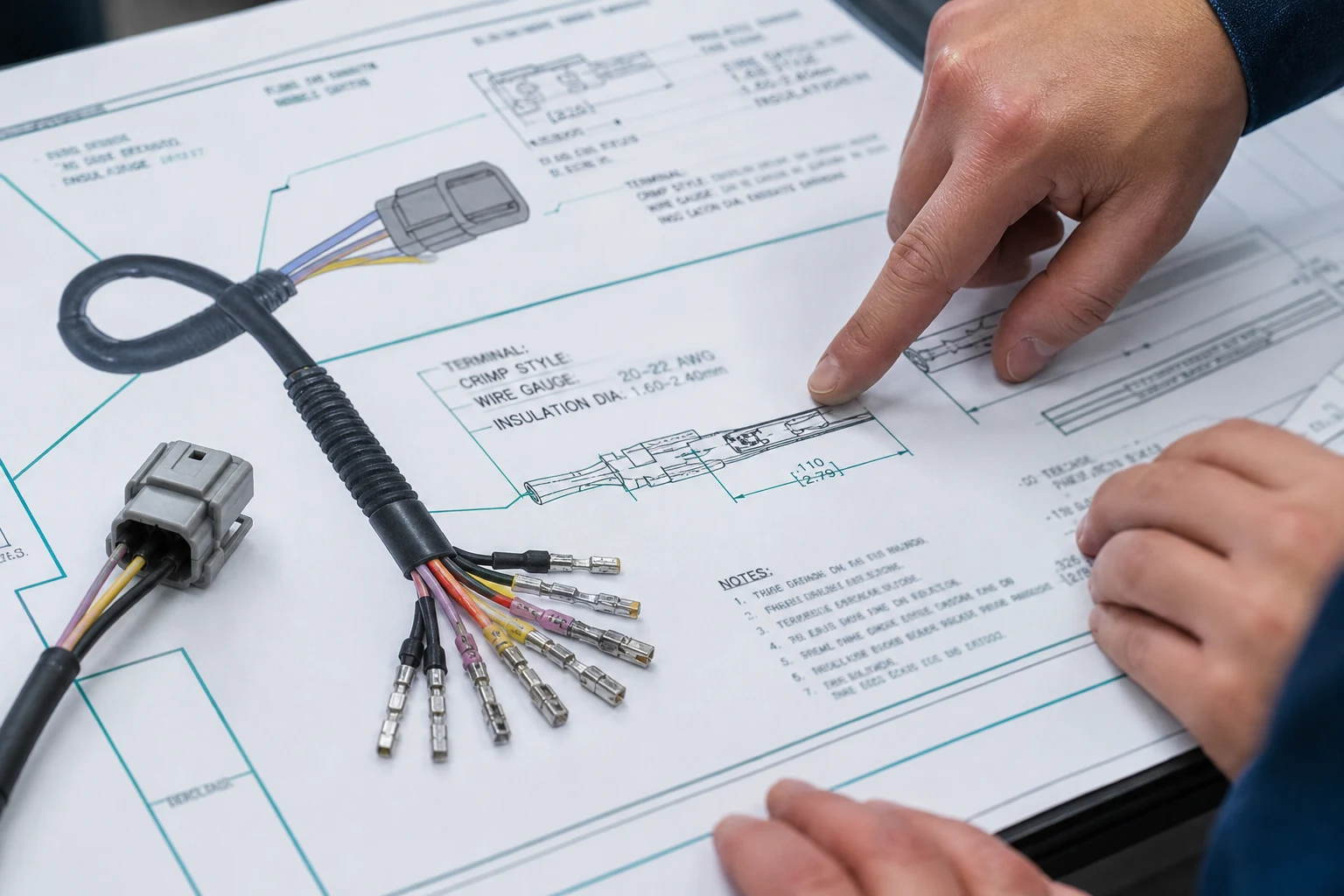 Connector termination details on a cable assembly drawing review