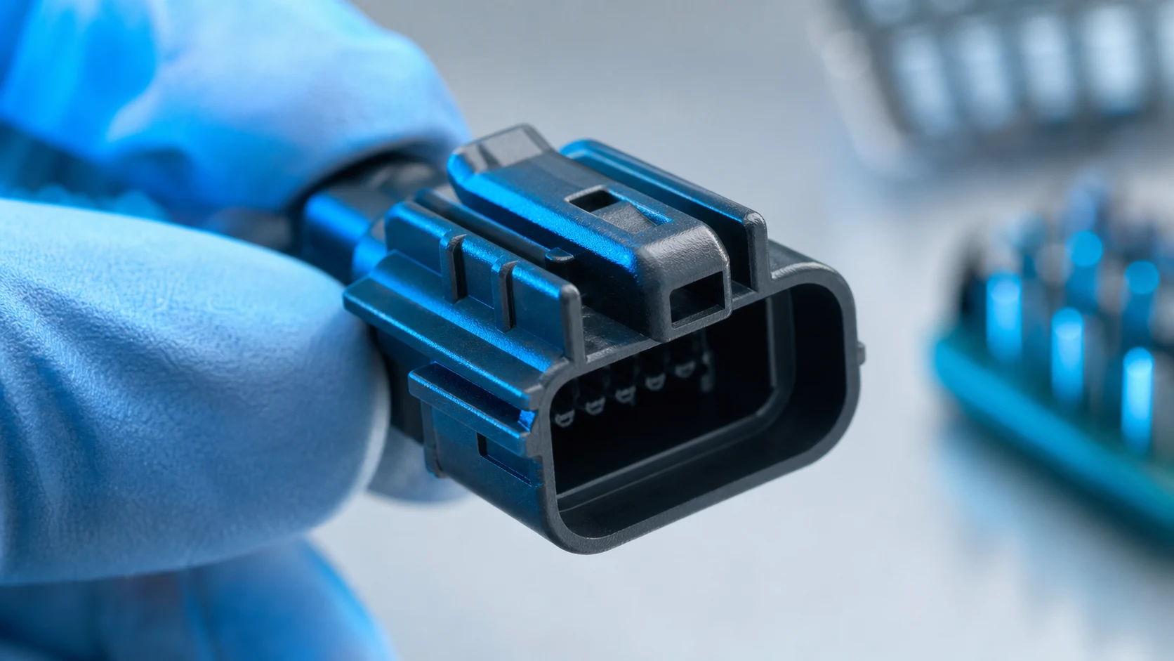 Close-up of connector housing keying ribs and polarization slots