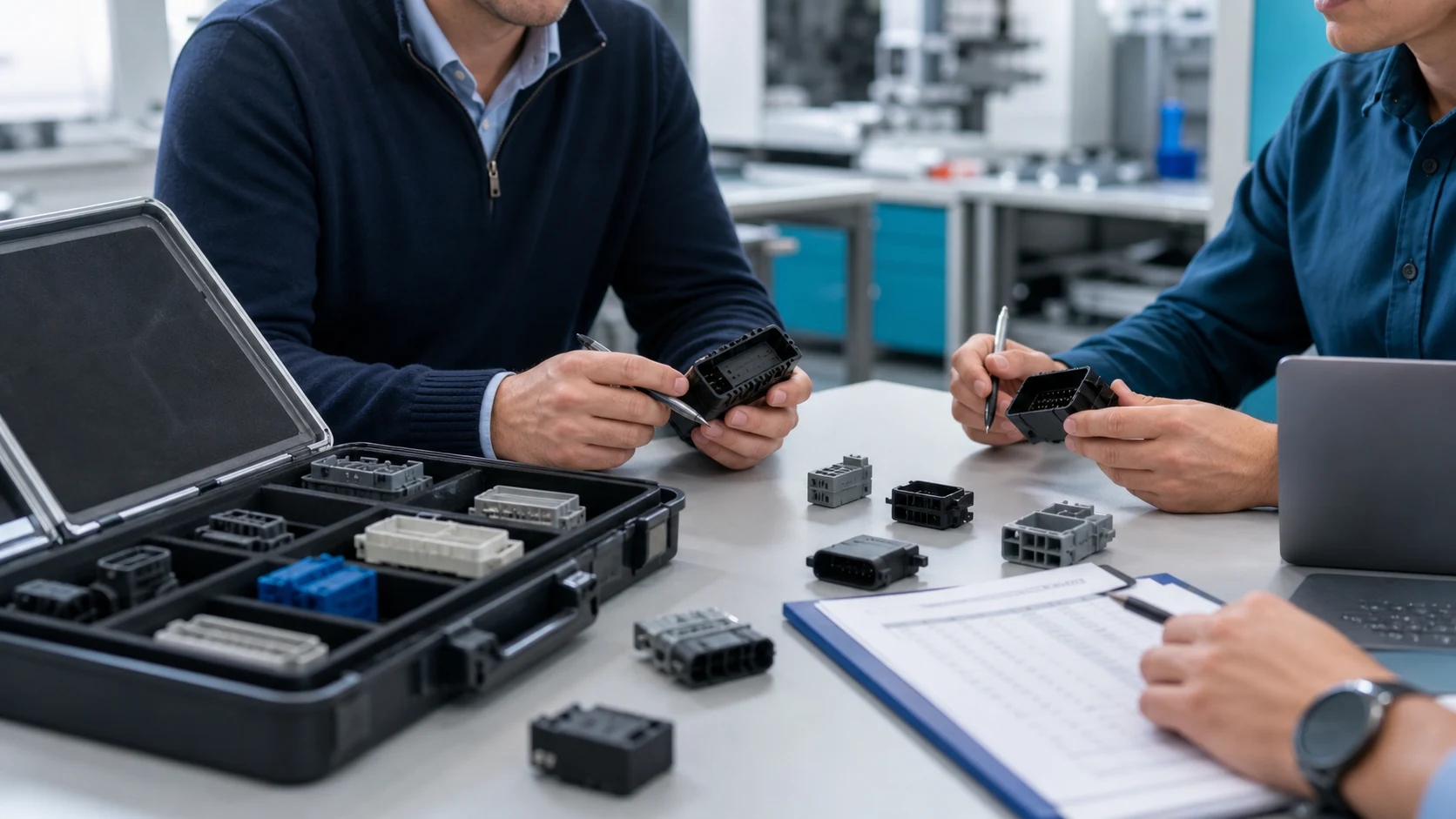Procurement meeting reviewing connector housing samples and checklist