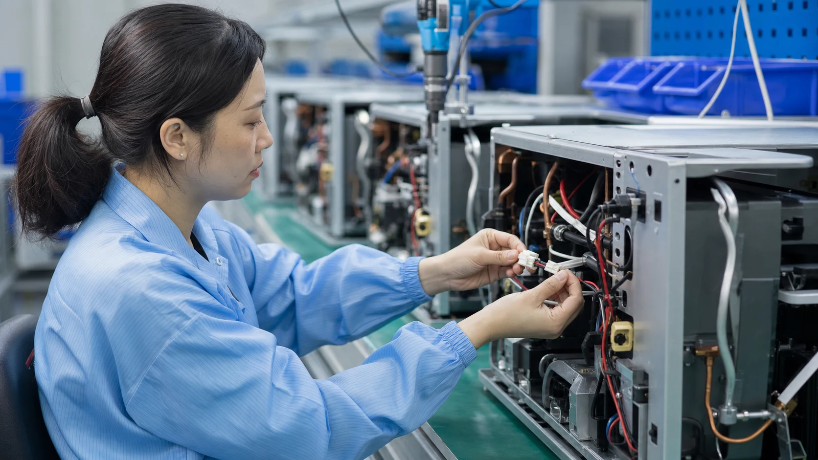 Operator aligning polarized connector halves on a production line