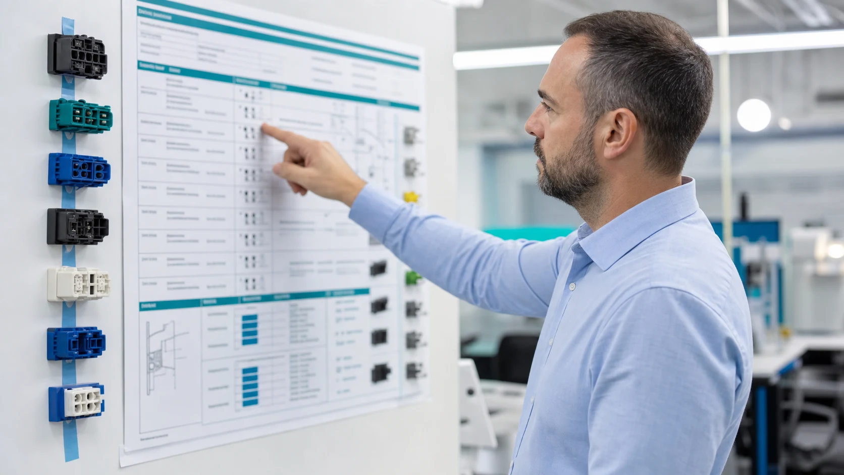 Quality engineer reviewing connector keying assignment chart