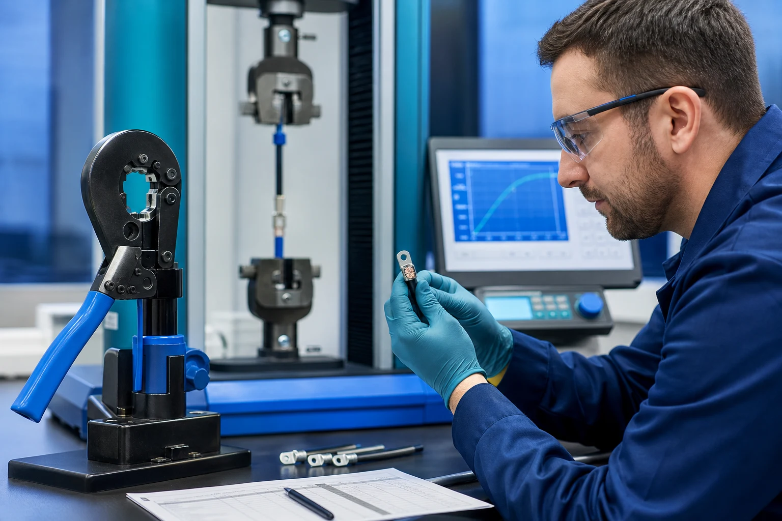 Quality review of crimp splice sample and pull-test setup