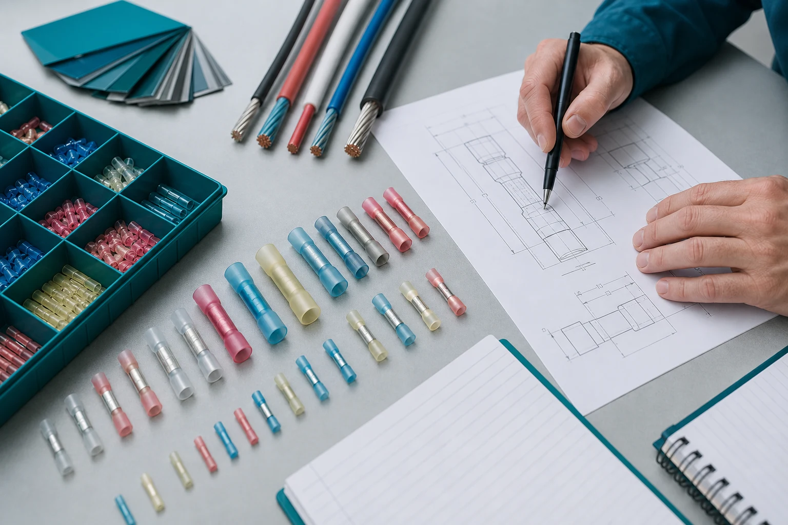 Engineer selecting crimp splice connectors from controlled samples