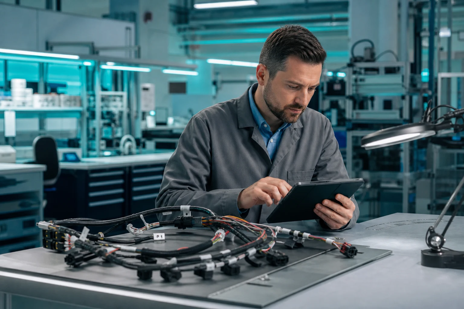 Engineer reviewing custom cable assembly DFM for bend radius and access
