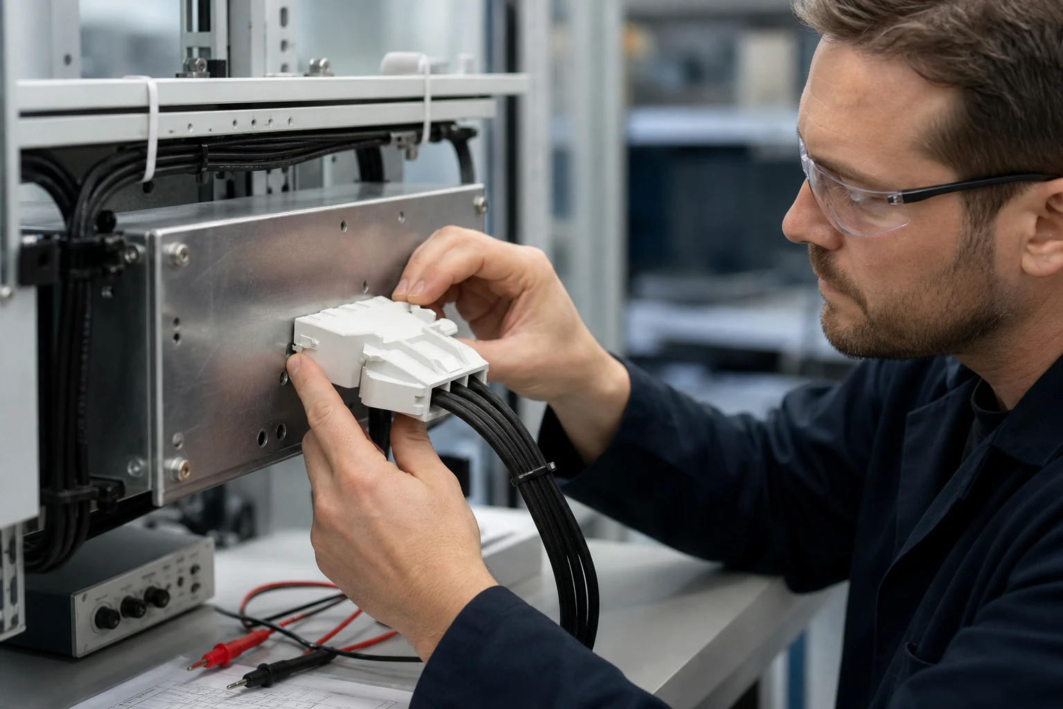 Engineer checking keyed connector routing on a representative rack