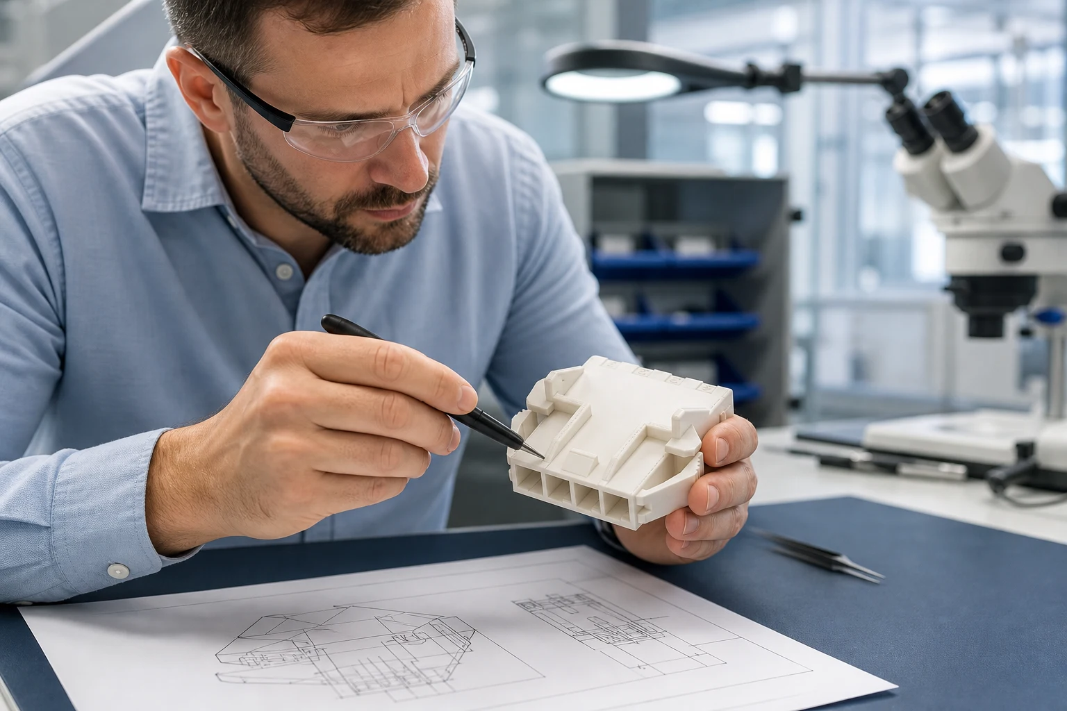Engineering team mapping insulation paths on a connector assembly