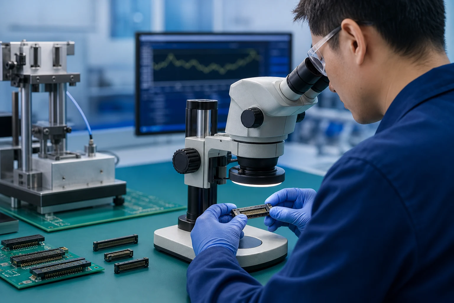 Engineer inspecting fine-pitch contacts after durability cycling