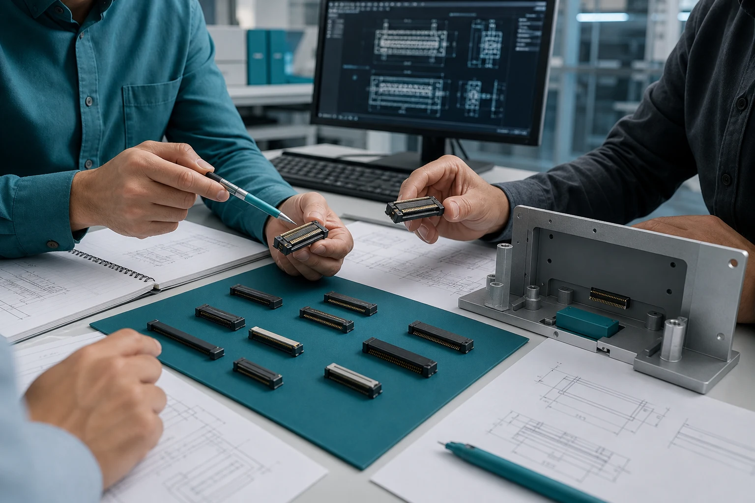 Engineering team reviewing fine-pitch mating samples and service access