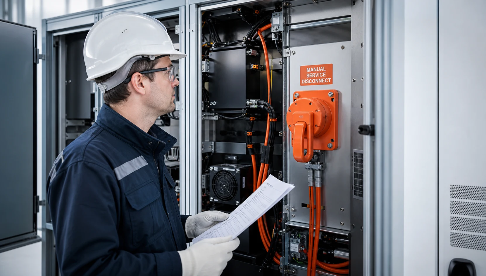 Engineer reviewing an MSD connector interface in an energy storage enclosure