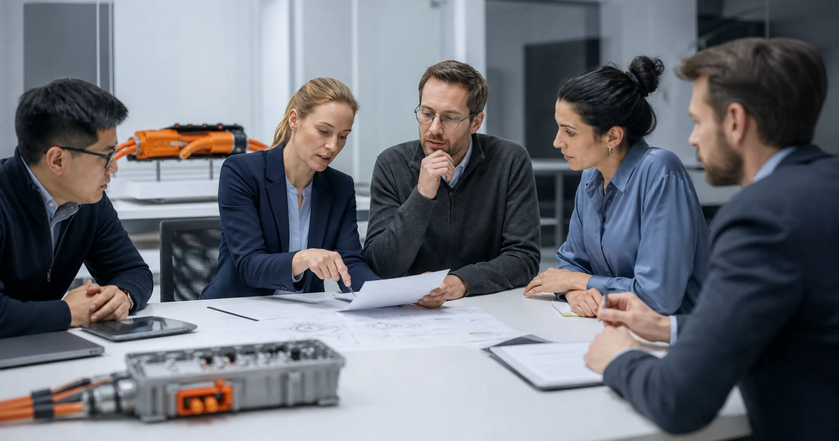 Qualified engineering team reviewing high-voltage connector service documentation