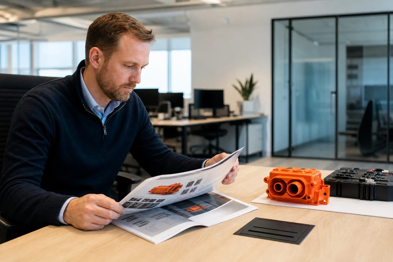 Procurement engineer reviewing an energy storage connector recommendation