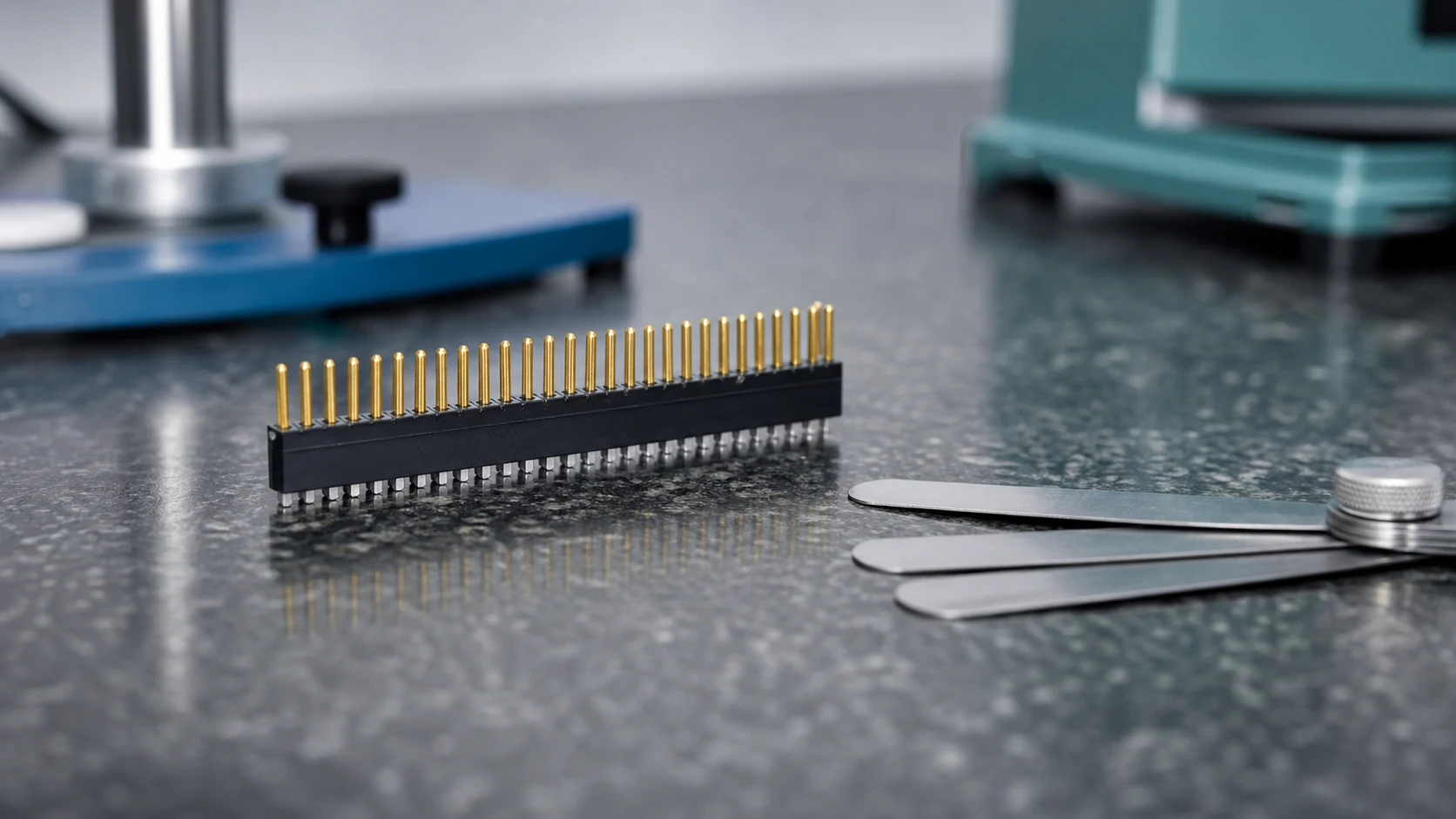 PCB header leads checked for coplanarity on a flat inspection plate