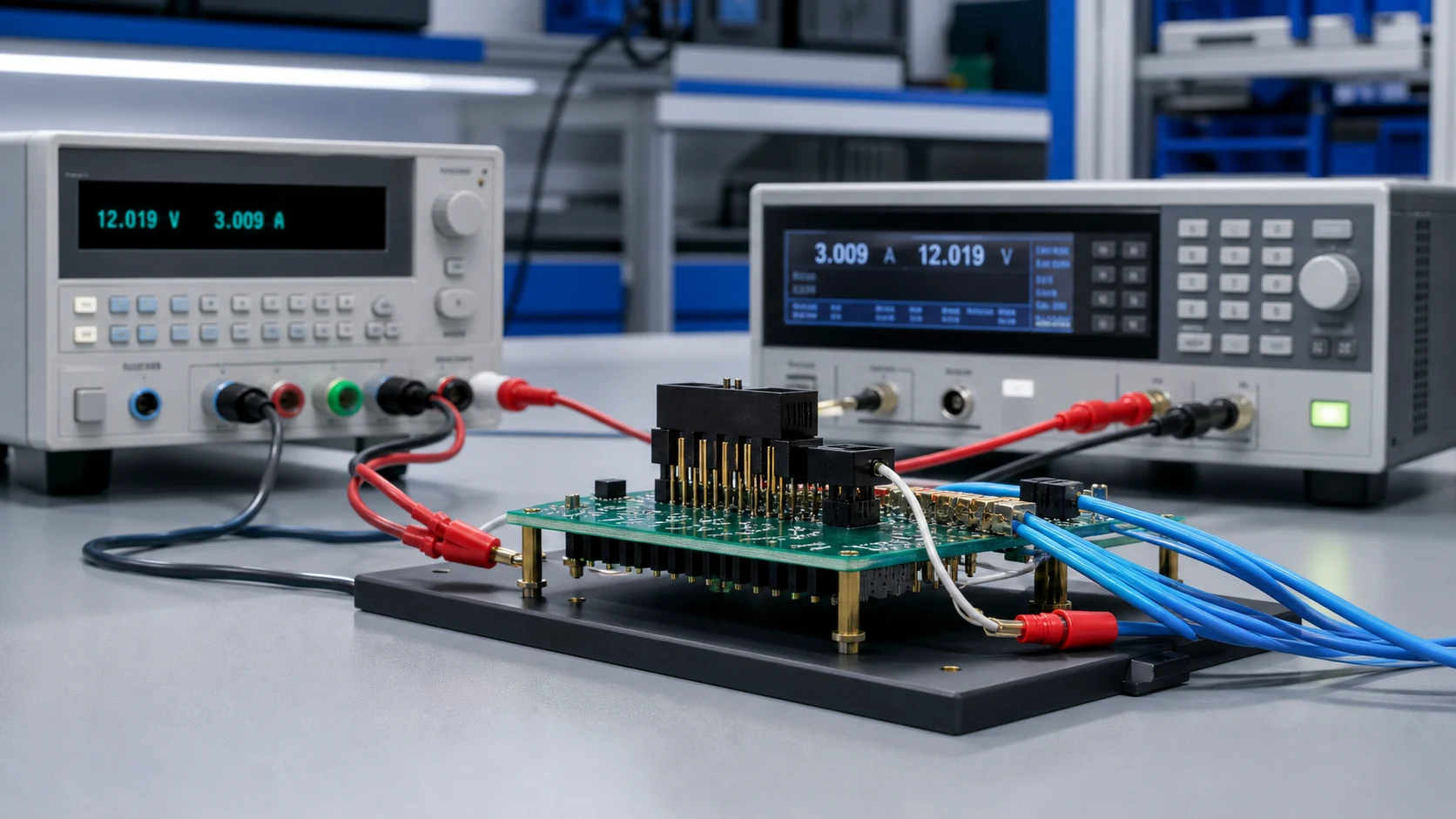 PCB header under current load test with thermal measurement setup