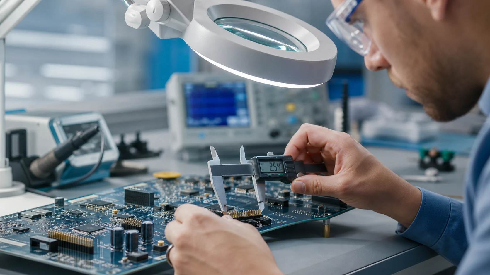 Engineer measuring PCB header pitch and routing density on a layout