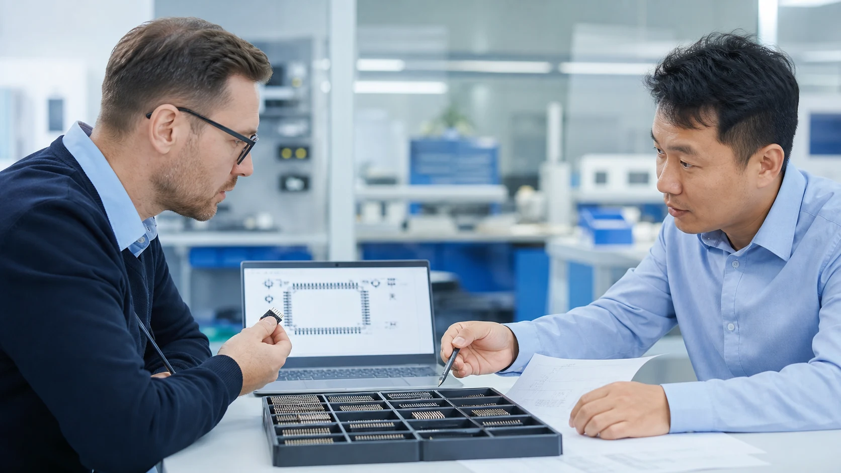 Buyer reviewing PCB header samples and footprint documentation