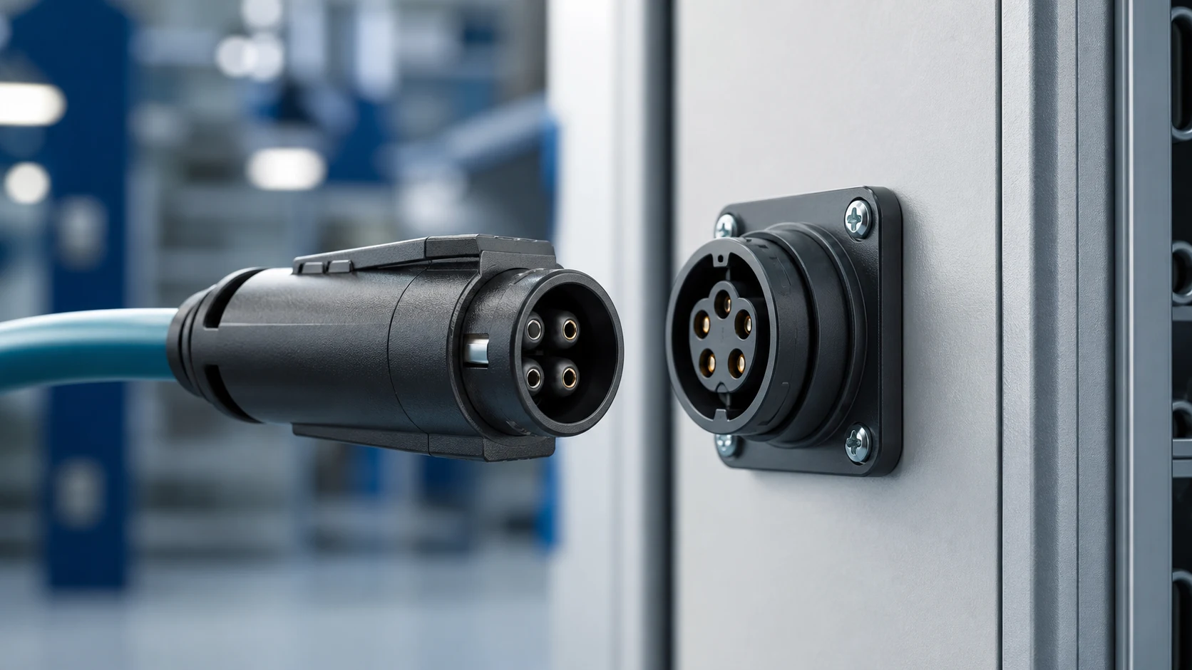 Plug and receptacle connector pair aligned before mating