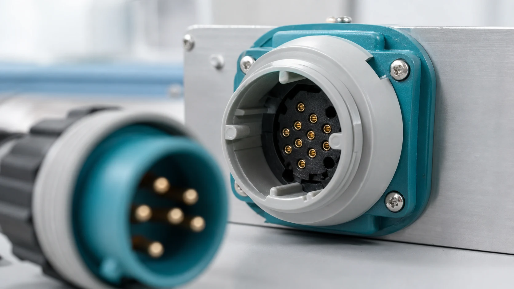 Close-up of recessed receptacle contacts and plug interface alignment