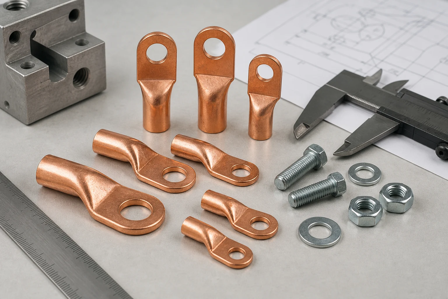 Ring terminals and mounting hardware arranged for a dimensional review