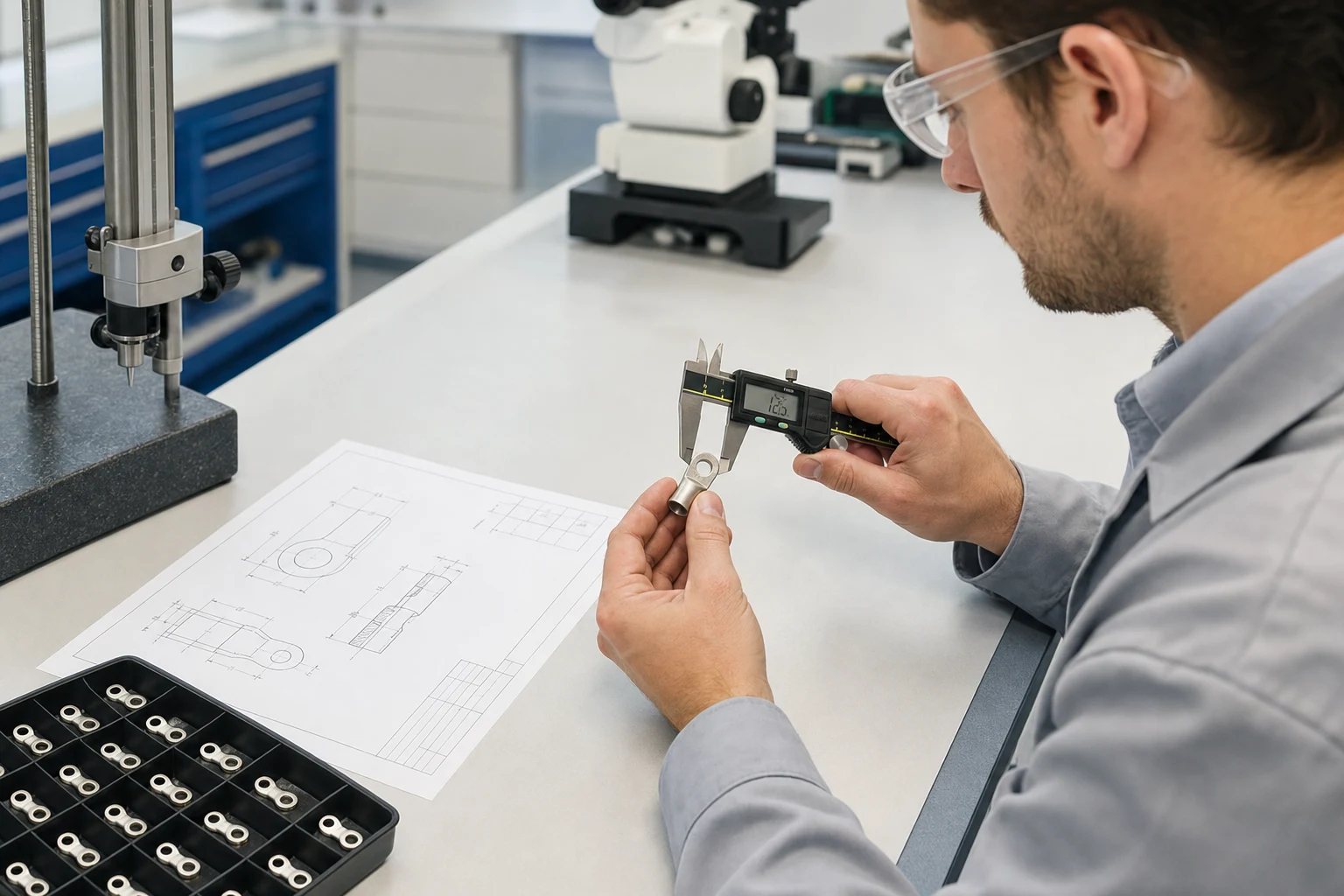 Engineer checking ring terminal hole diameter and tongue width on a drawing
