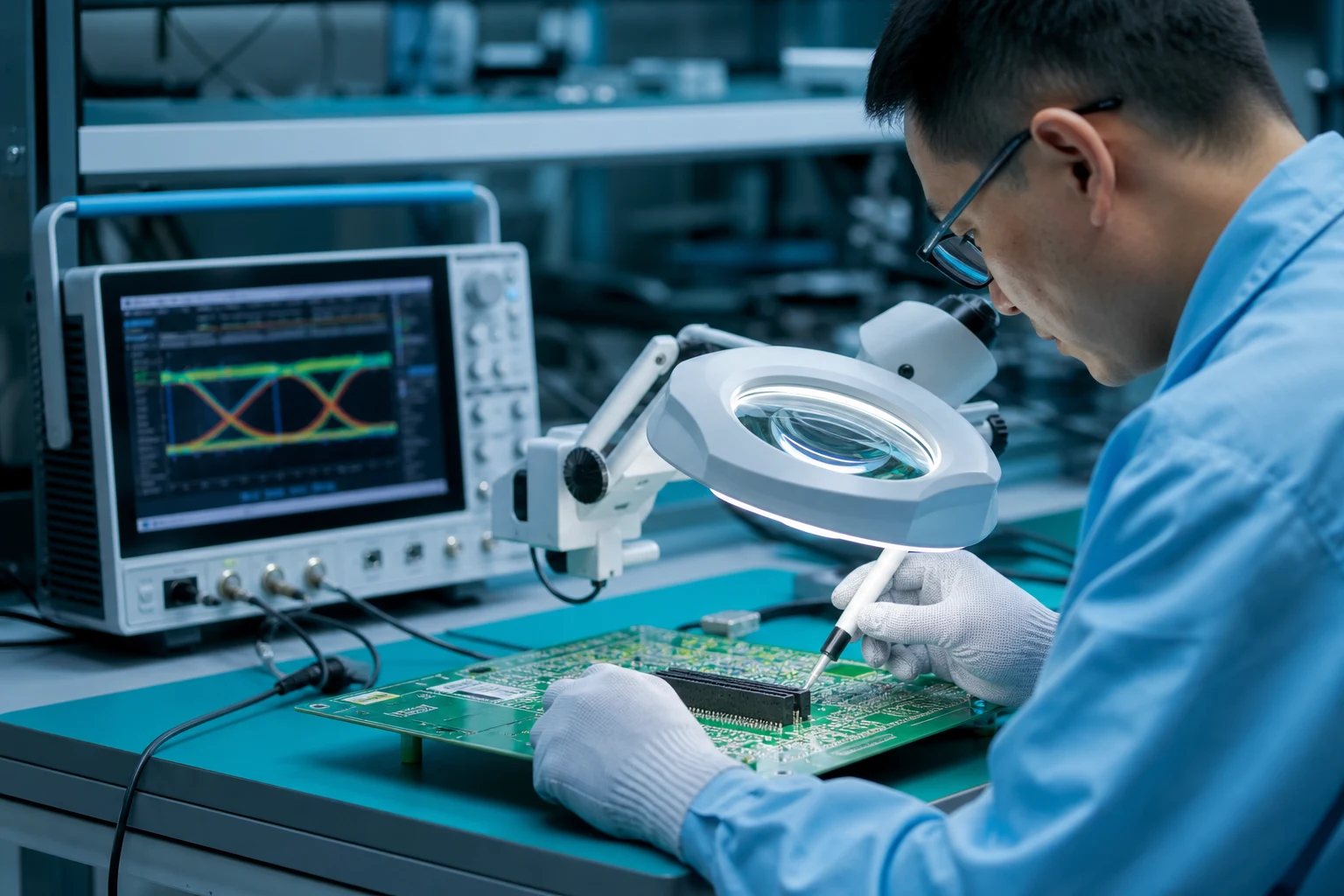 Engineer reviewing fine-pitch connector alignment and PCB return paths