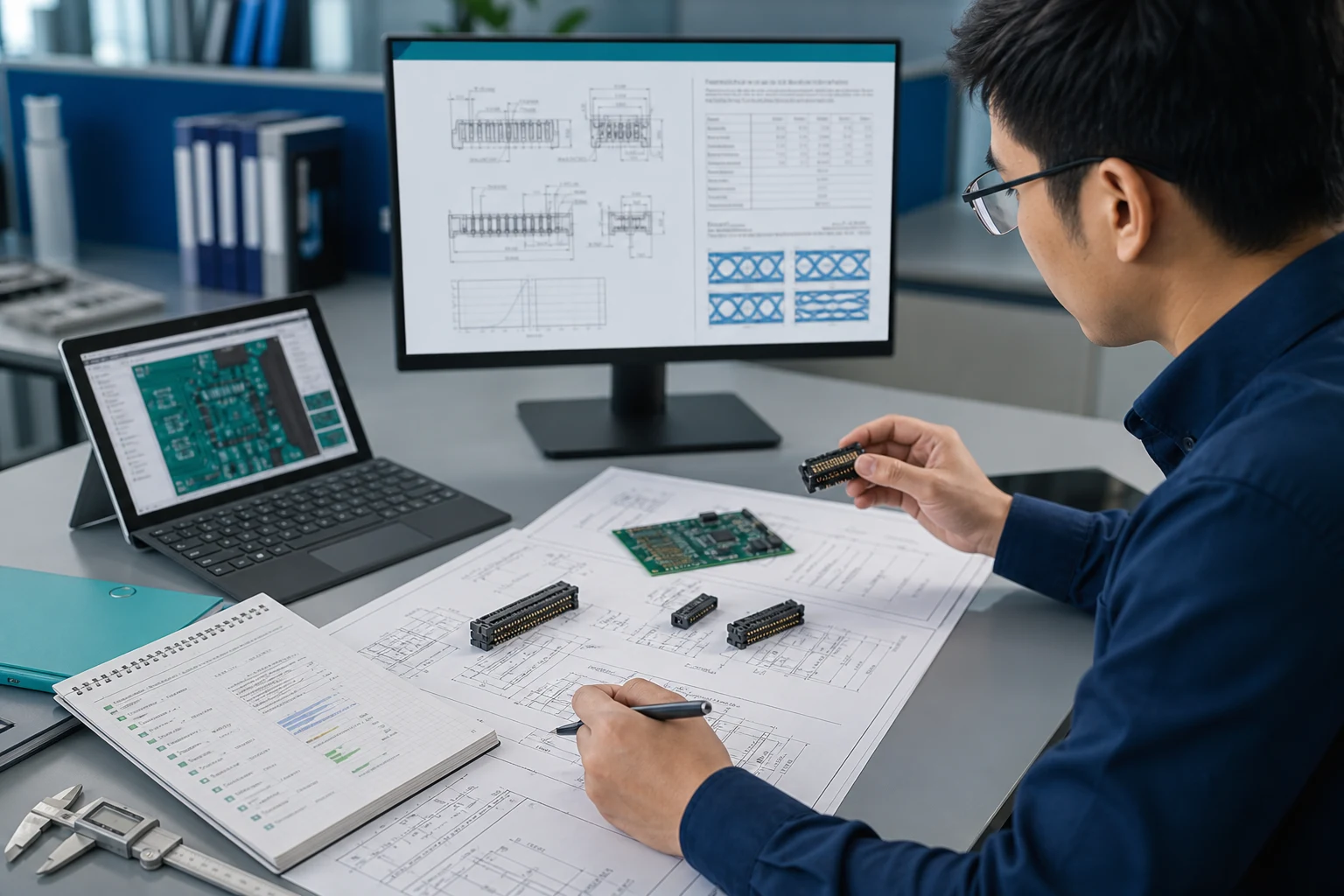 Buyer reviewing small pitch connector drawings and mating samples