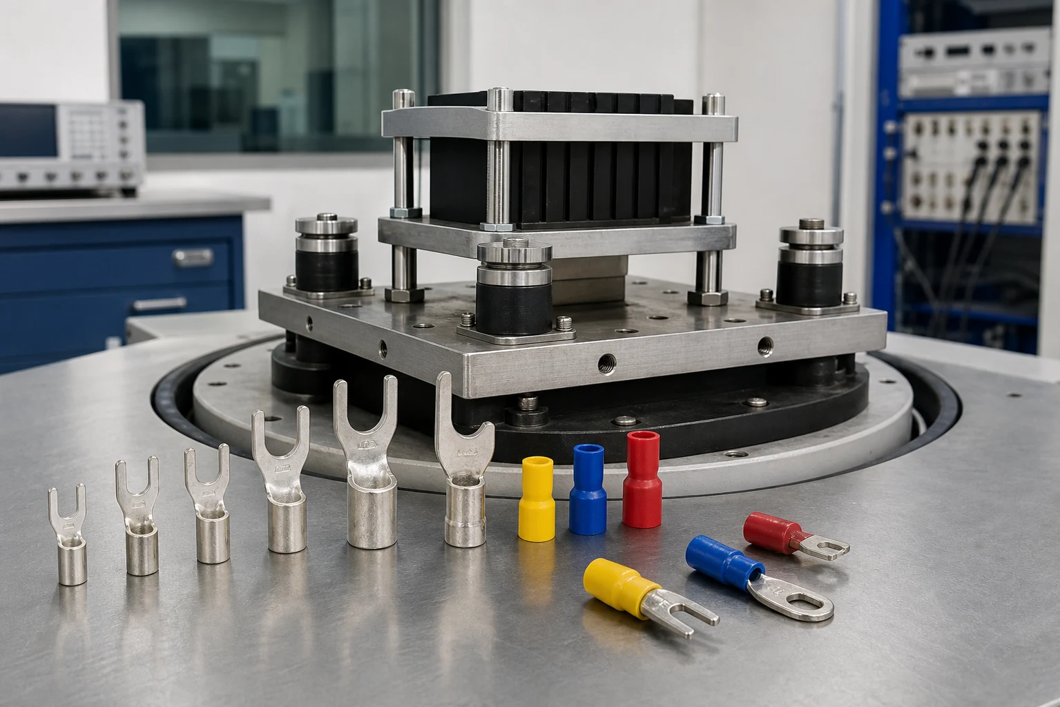 Open-barrel and insulated spade terminals displayed beside a vibration test fixture