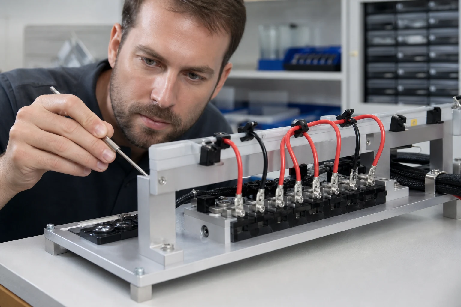 Engineer reviewing spade terminal retention and wire support on an assembly