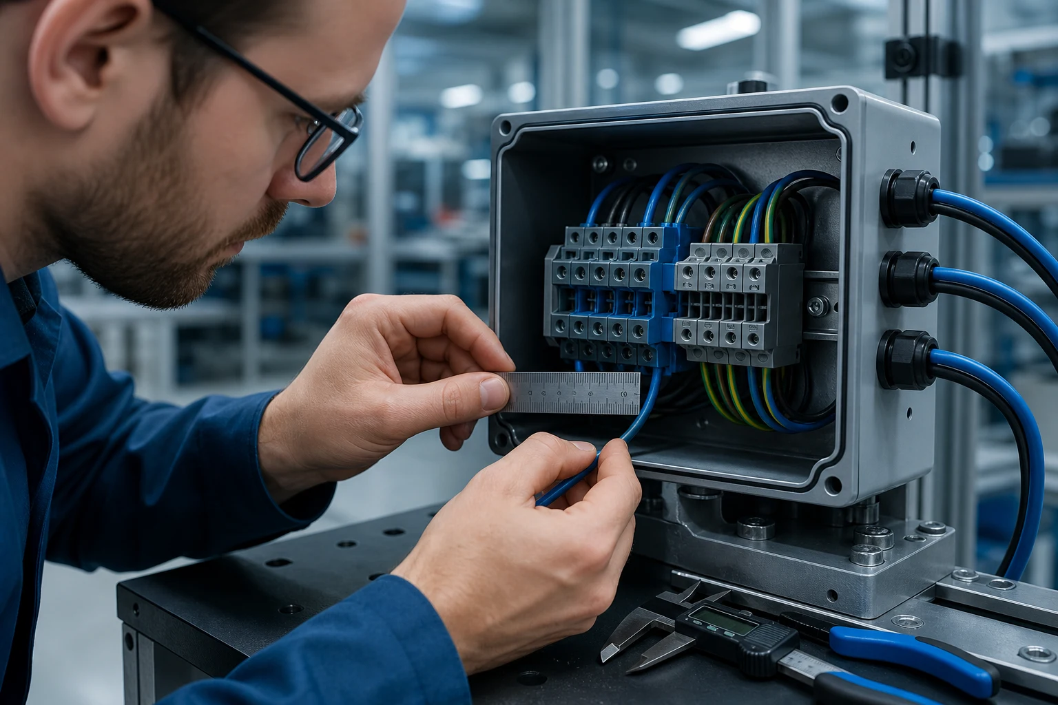 Technician checking wire entry in a terminal block enclosure
