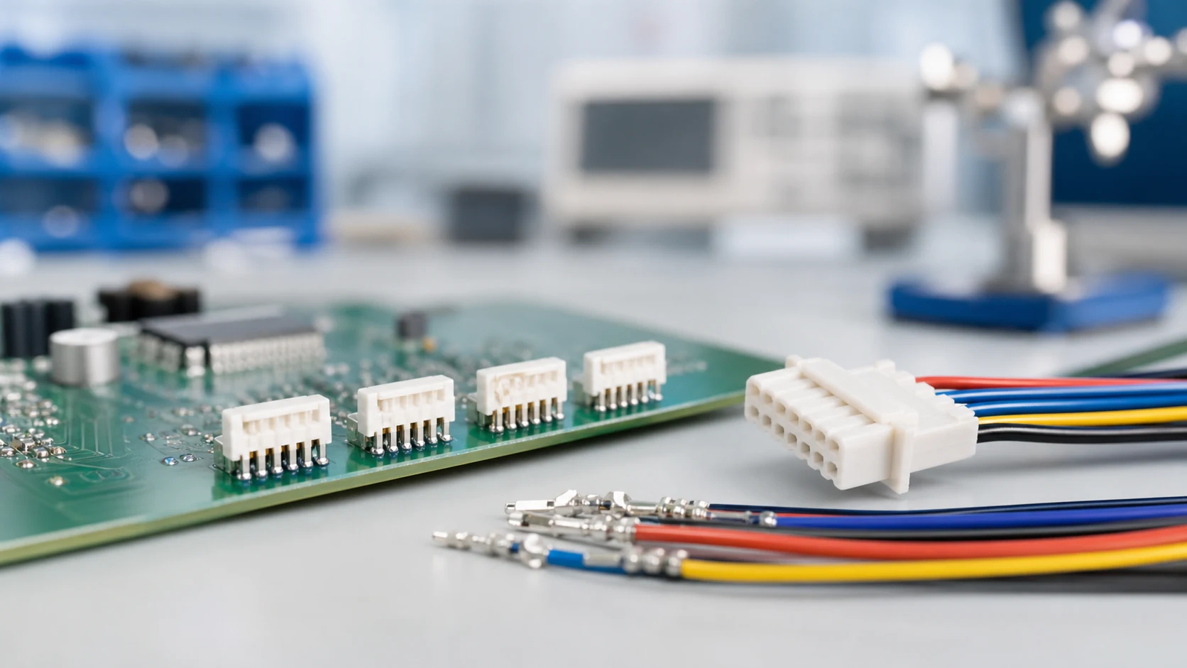Wafer connector with crimped wires ready for board-to-wire assembly