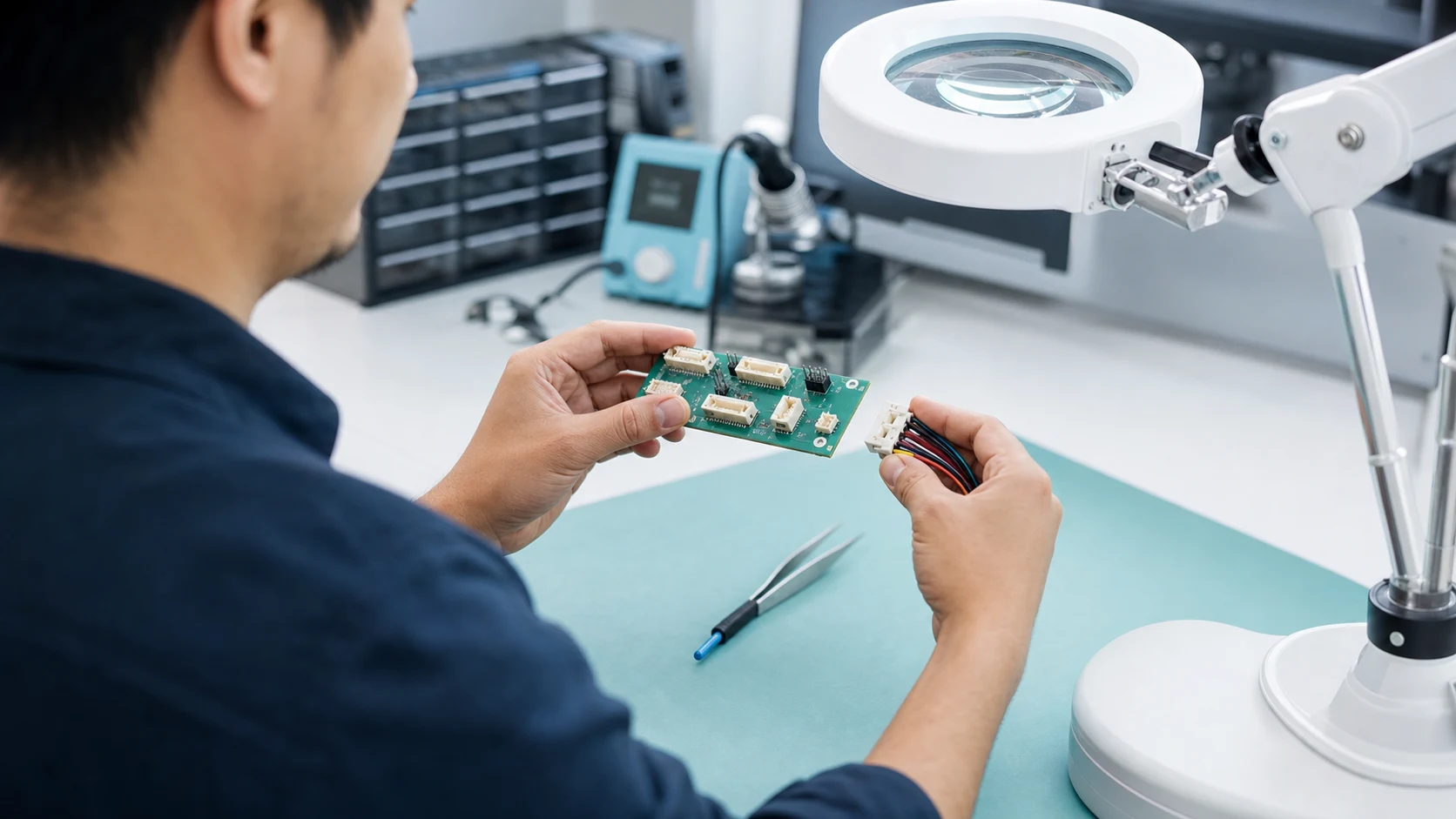 Engineer checking wafer connector pitch and circuit count on a board