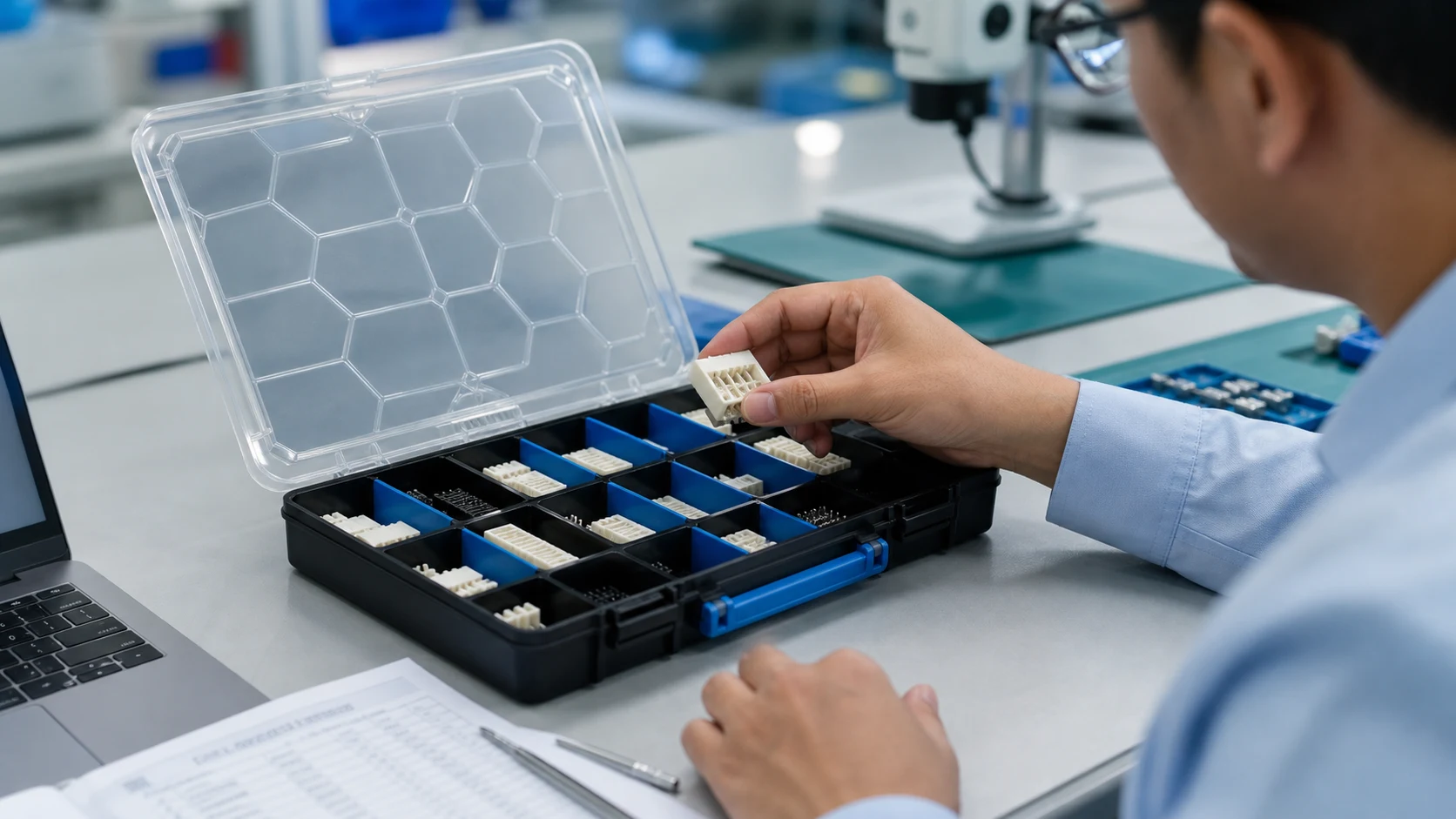 Buyer examining wafer connector samples and validation checklist