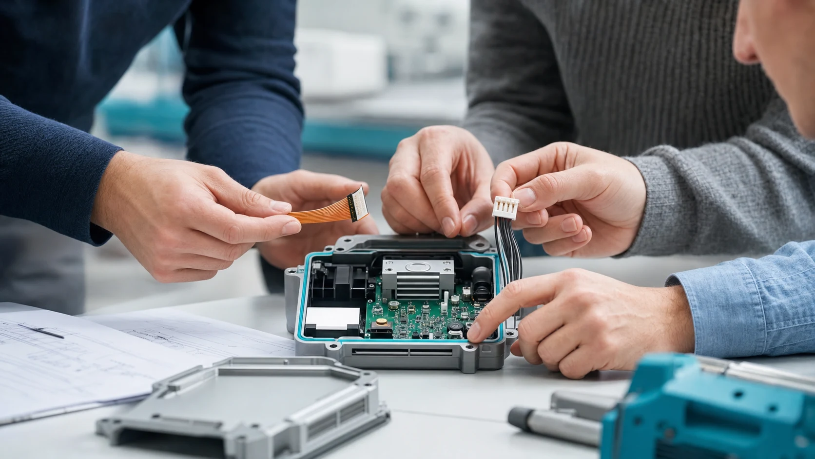Design team comparing wafer and FFC connector options for service access