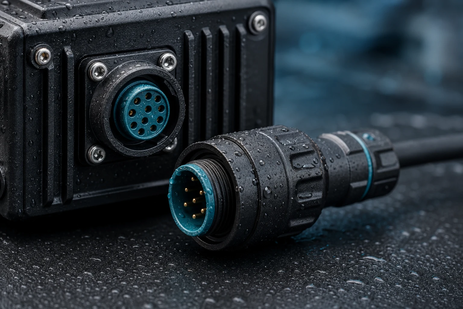 Sealed waterproof connector at an industrial equipment enclosure