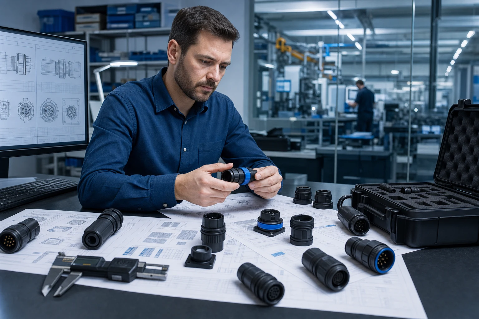 Engineer reviewing waterproof connector options for industrial equipment