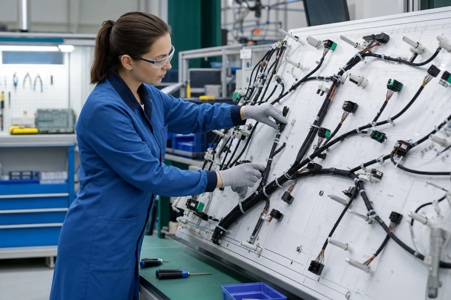 Engineer checking branch routing and strain relief on a harness fixture