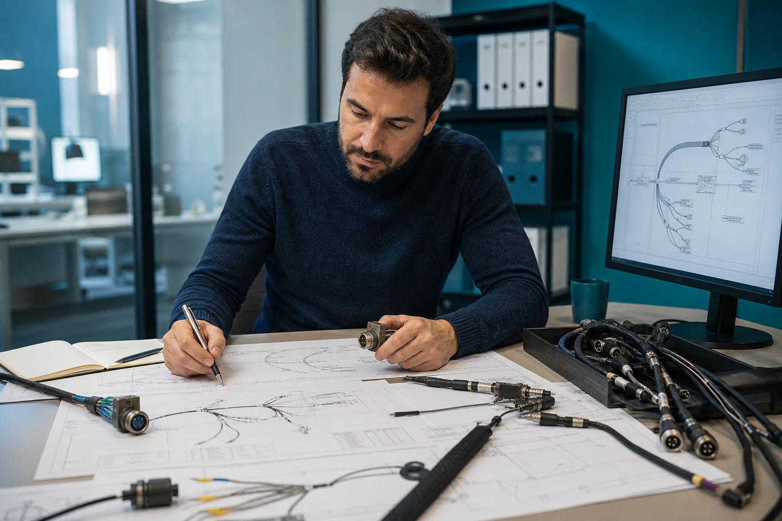 Buyer reviewing harness branch drawing and junction requirements