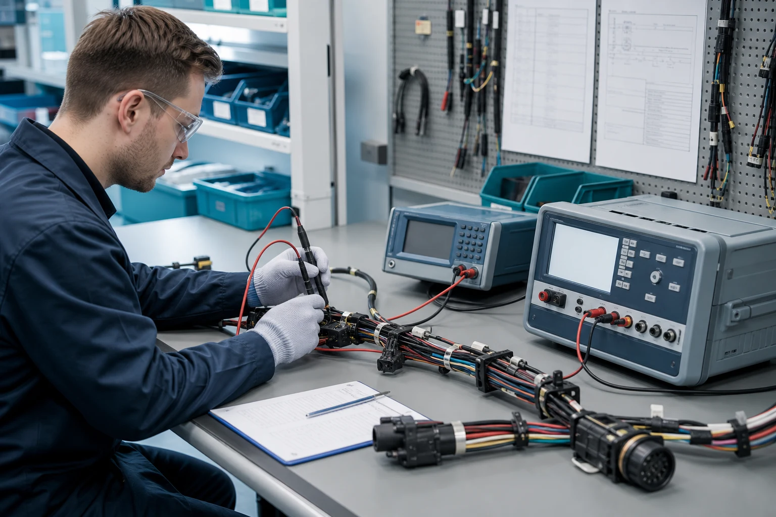 Technician reviewing harness electrical test instruments and connector samples