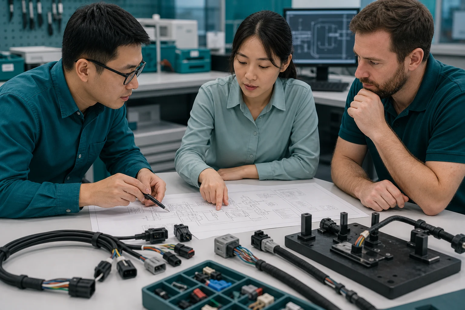 Engineering team reviewing controlled wire harness test plan