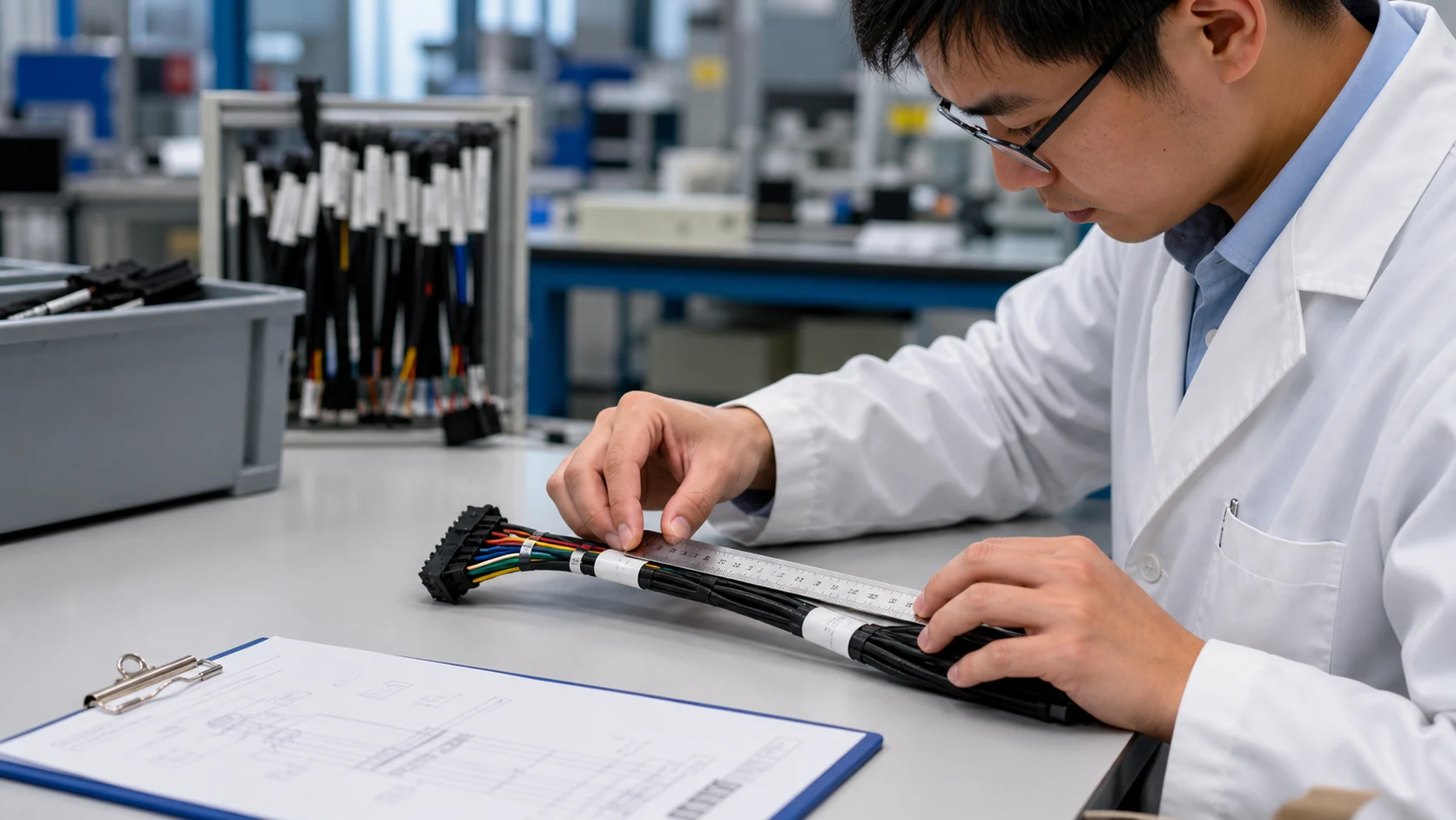Technician checking harness label placement against the drawing
