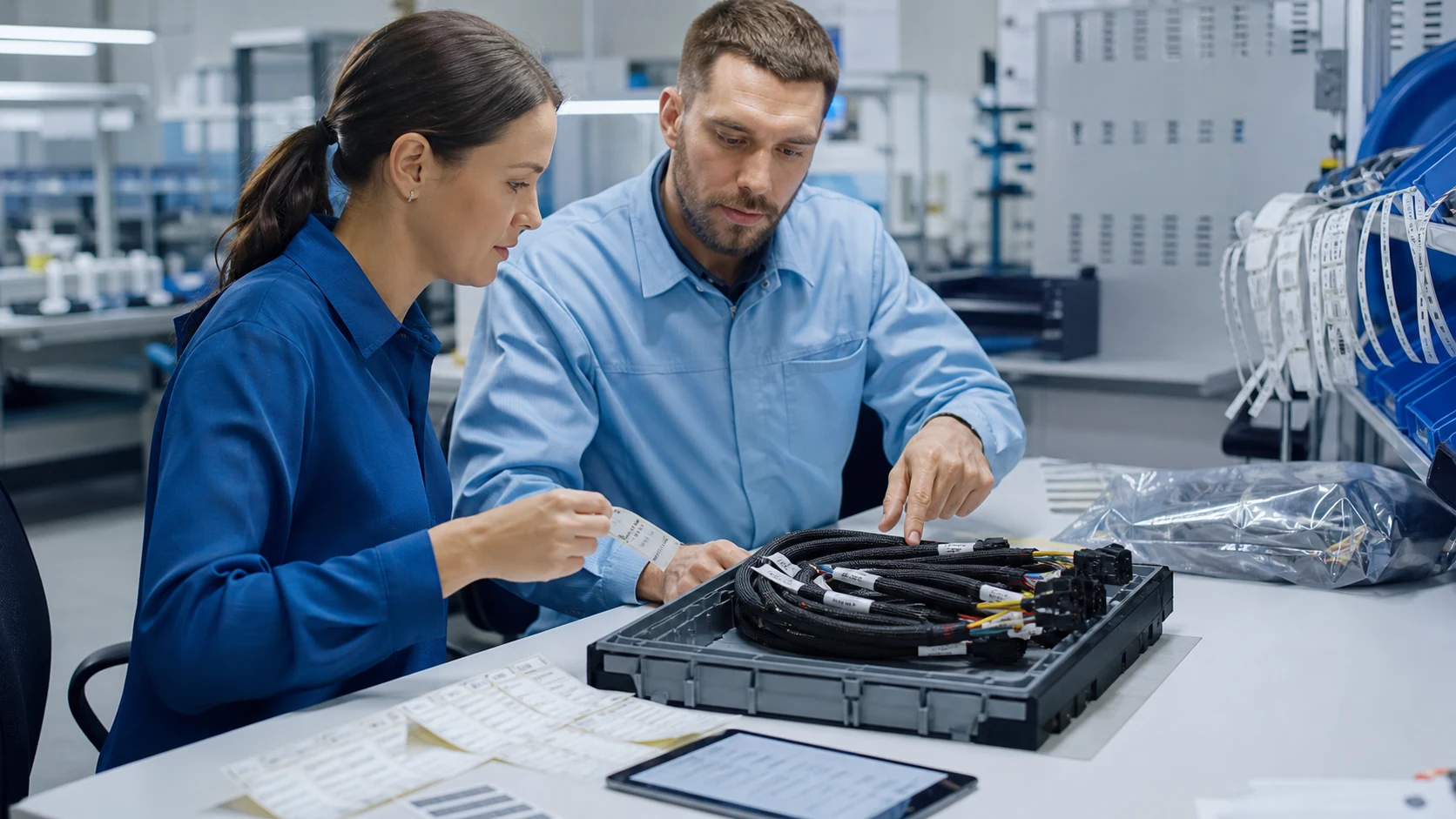 Quality team reviewing harness labeling plan before shipment