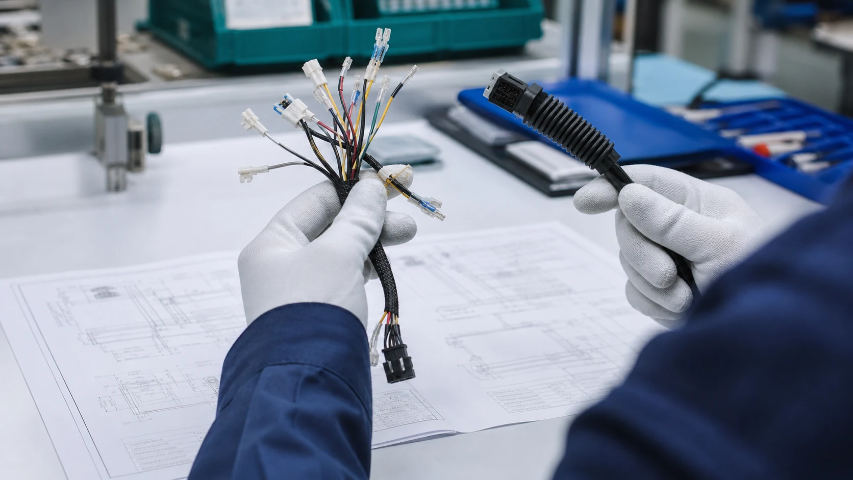 Engineer comparing harness drawing and cable assembly drawing requirements
