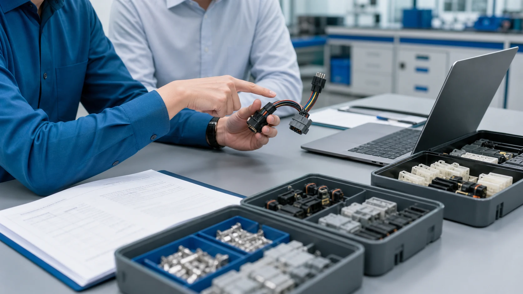 Sourcing team reviewing wiring harness RFQ inputs with connector samples