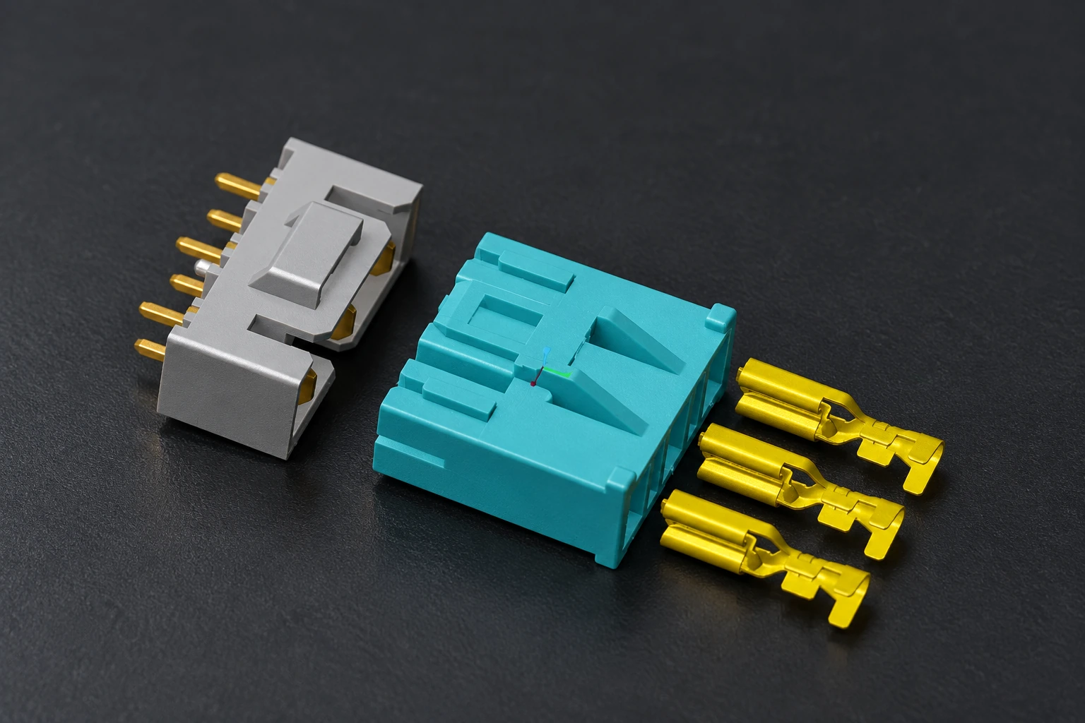 187 connector header, housing and receptacle terminals shown as a complete assembly stack
