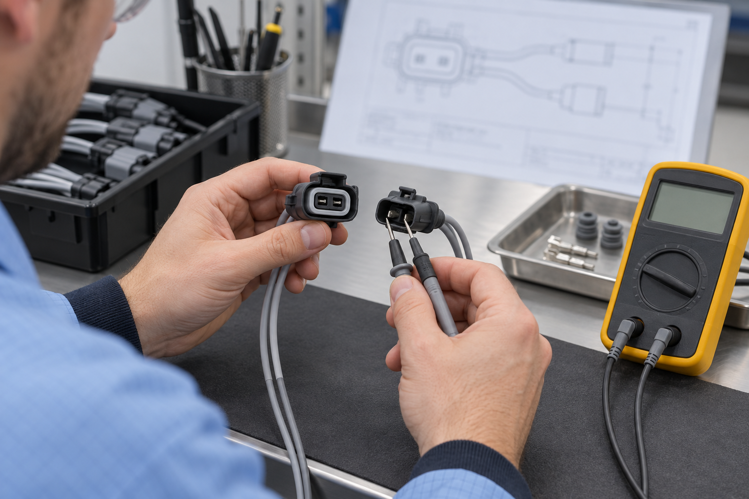 Technician checking a generic two-position sensor connector and neutral-color conductors with a continuity tester