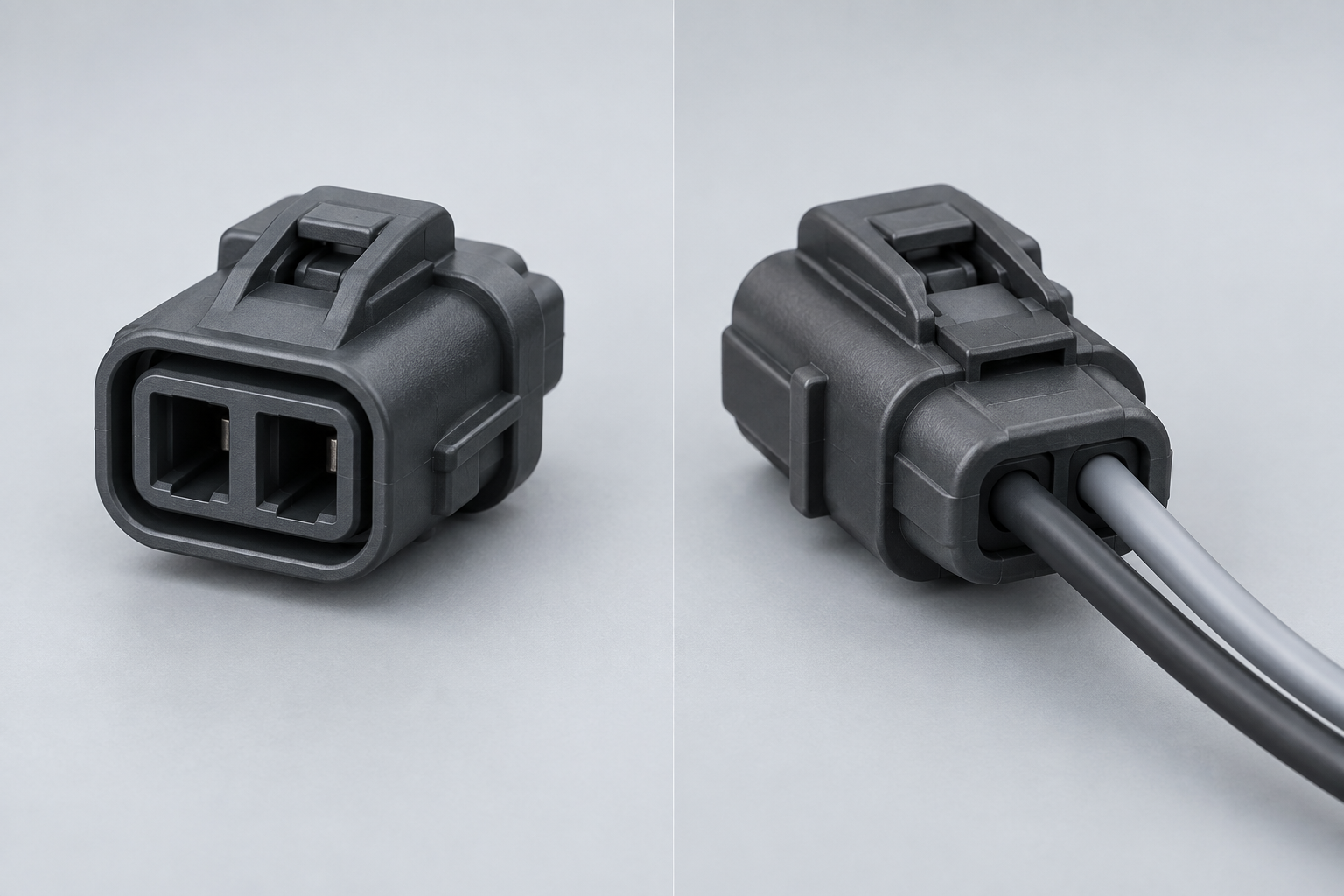 Generic two-position connector shown beside its two-conductor harness side to compare connector positions and wire count