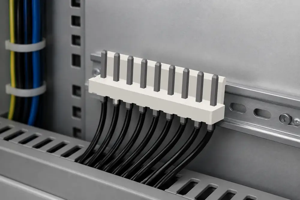 ZUCH rectangular power connector with routed conductors in a motor control cabinet