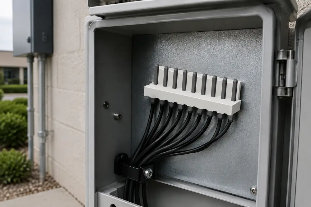 ZUCH rectangular power connector installed in a commercial electrical distribution enclosure