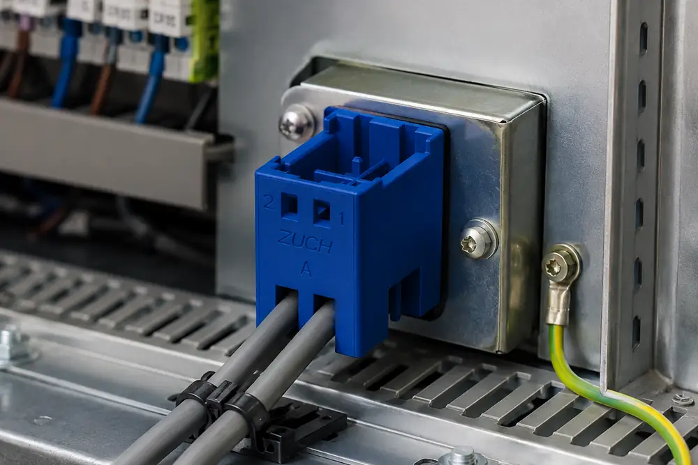 ZUCH rectangular connector integrated at a grounded metal cable-entry bulkhead