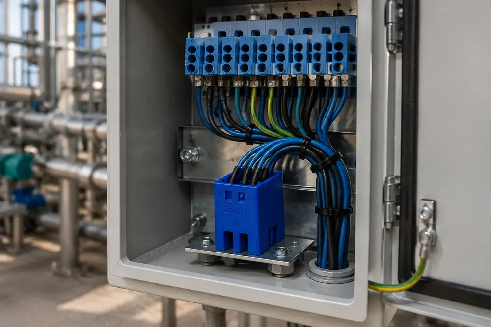 ZUCH rectangular connector installed with disciplined cable routing in an instrumentation cabinet